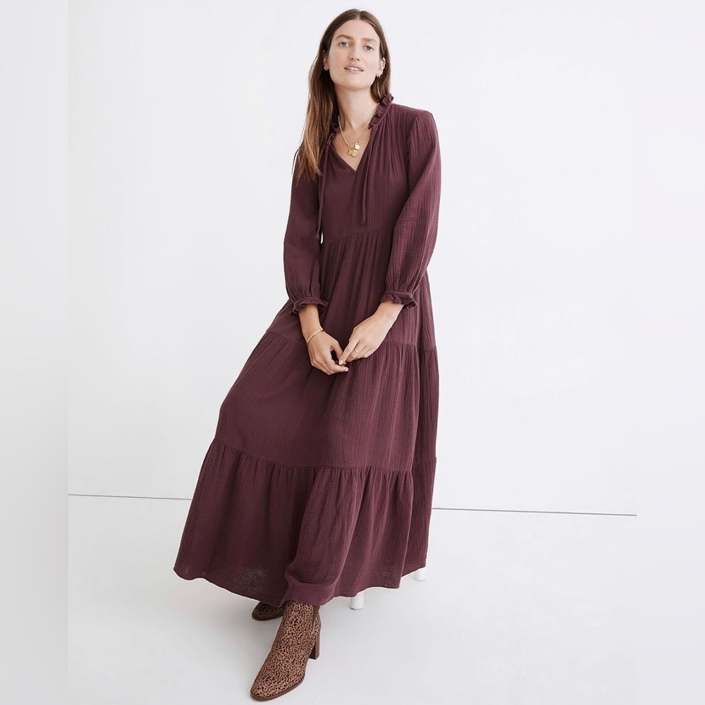 Madewell Lightspun Tie-Neck Tiered Midi Dress NWOT — Sz Small
